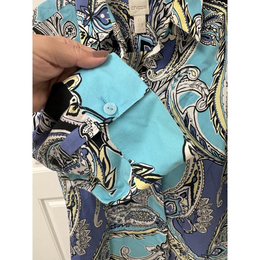 Chicos No‎ Iron Shirt Blouse Button Front Paisley Print Blue Women Size 0 S - Picture 8 of 12
